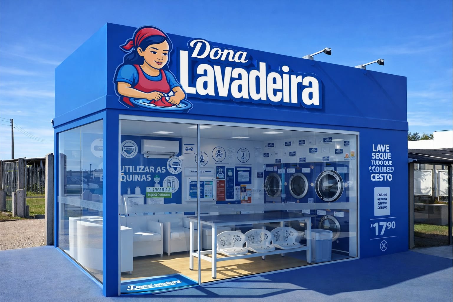 Unidade Dona Lavadeira estilo container com fachada azul
